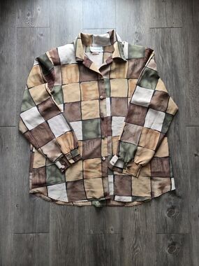 Vintage Patchwork-Print Men's Dress Shirt - Multi Brown/Green